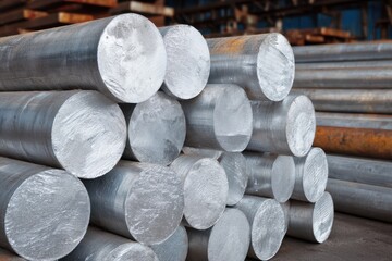Aluminum rods stored outside Stack of aluminum logs