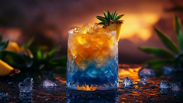 Tropical cocktail with blue and orange hues garnished with pineapple slice