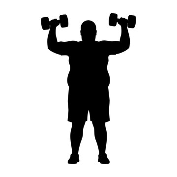 Overweight man lifting dumbbells silhouette illustration