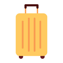 Flat vector cartoon illustration of a yellow travel suitcase with wheels and handle. For vacation, trip, card and summer travel designs. Isolated on white background.