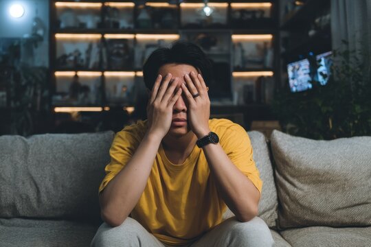An Asian man on the sofa at home watches a horror film frightened and covering his eyes