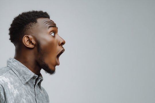 Wow Young black man with wide eyes and an open mouth appears shocked while facing a blank wall