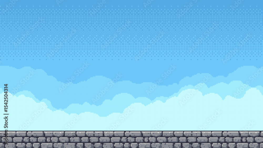 Aufkleber Pixel art game level with brick ground and sky background. Retro 8-bit style stage for video game design and digital art concept.