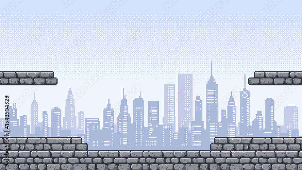 Aufkleber Pixel art game level with a cityscape background. Video game platformer for entertainment. Retro digital world scene, platform game blocks.