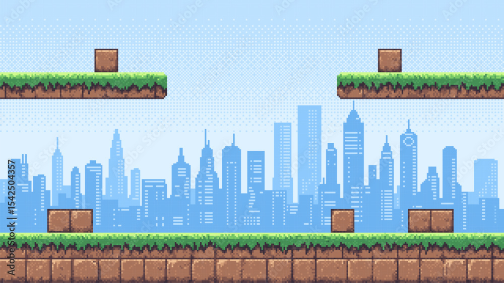 Poster Pixel art game level with a city silhouette background. Retro video game platform design for digital creativity and entertainment.