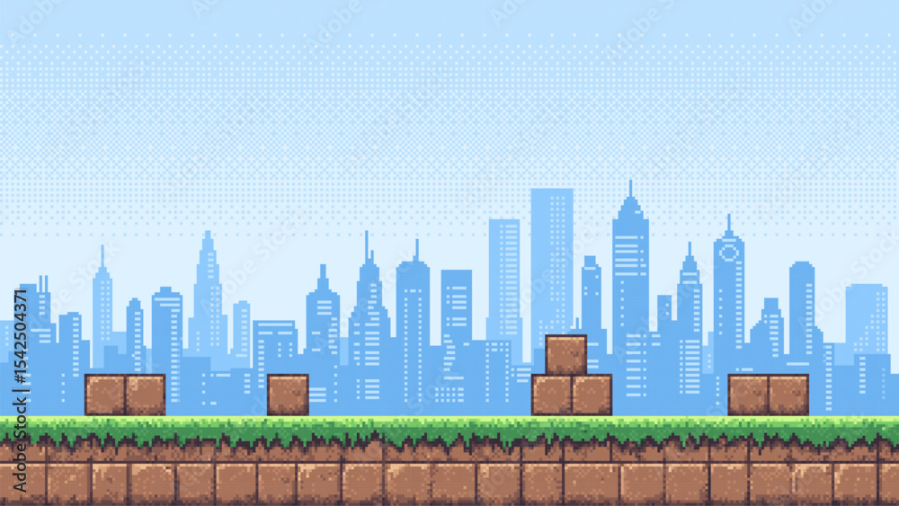 Poster pixel art game level with a city skyline backdrop, featuring green ground and brown blocks for vinta
