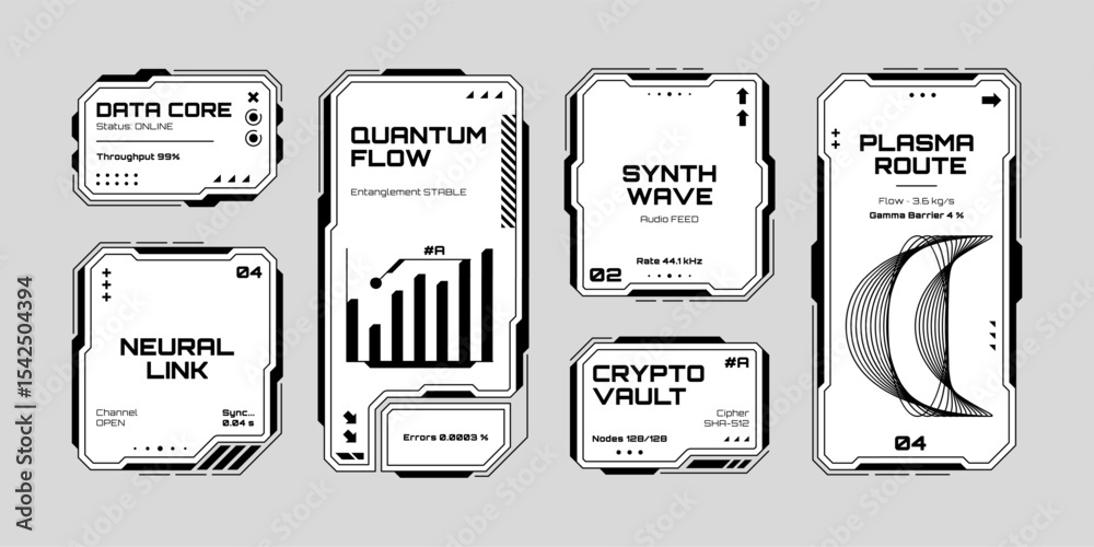 Fototapete Futuristic hud vector graphics elements set, data core, quantum flow, neural link, synth wave, crypto vault, plasma route UI for digital display.