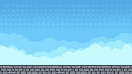 Pixel art game level with brick ground and sky background. Retro 8-bit style stage for video game design and digital art concept.