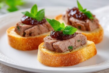 Chicken liver spread with toasted bread and jam on a white backdrop Meat terrine featuring citrus and toast Dining dish duck spread with baguette on a white plate Meat starter