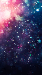 Sparkling glitter dust creating a mystical vibrant pink, purple, and blue bokeh of lights. Dreamy or magical shimmering particles softly glowing. Ethereal galaxy or nebula like abstract background.