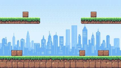 Pixel art game level with a city silhouette background. Retro video game platform design for digital creativity and entertainment. © hiten666