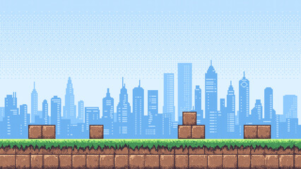 Pixel art game level with a city skyline backdrop, featuring green ground and brown blocks for vintage video game design element. © hiten666