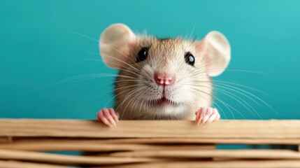 A charming close-up of a mouse curiously looking over the edge of a wicker basket, showcasing the adorable nature of small animals and evoking feelings of playfulness.