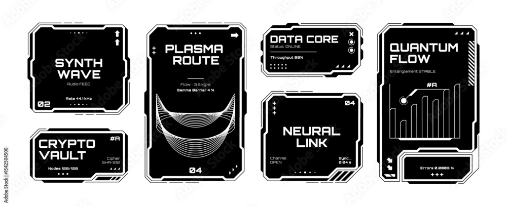 Poster Set of black and white head-up display elements. Sci-fi digital user interface for advanced technology concept.