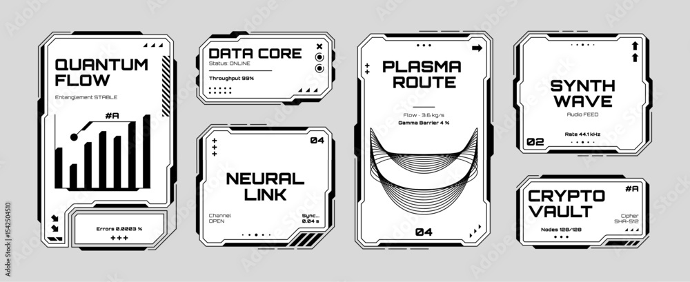 Poster Set of black and white futuristic hud elements. Quantum flow and data core concept. User interface design for technology.