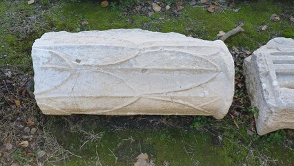Pompeii, Italy – 8 January 2025. A white limestone column drum lies on mossy ground, carved with paired leaf-shaped motifs forming interlocking pointed ovals; a fluted fragment rests alongside it