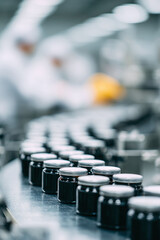 Obraz premium Aligned jars moving on a conveyor belt showcase automated food production. Focus on precision, hygiene, and scalability. Ideal for manufacturing, food industry, and business concepts.