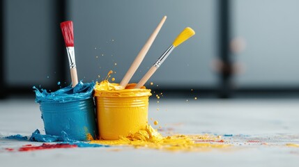 This vibrant image showcases blue and yellow paint cans with brushes, ready for artistic expression, celebrating the joy and creativity that comes with painting and art.