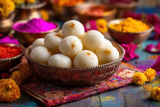 Assorted Indian sweets Rasgulla on a decorative floor with Alpona