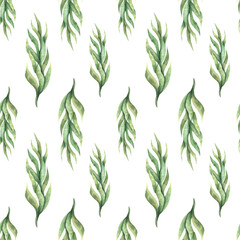 Fototapeta premium Seamless pattern with watercolor seaweed. Simple minimalistic pattern with greenery in green color.