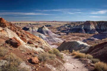 Admiring the colorful erosion at Petrified Forest National Park Blue Mesa features a pleasant hiking trail through badlands of bentonite clay