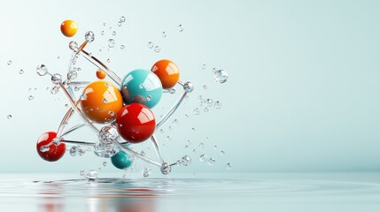 An artistic representation of an atomic model with colorful spheres, surrounded by water droplets, symbolizing the fundamental building blocks of matter and science.