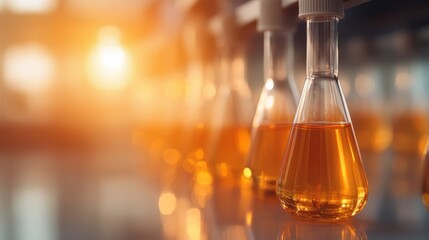 A beautifully arranged row of lab beakers filled with amber liquid, showcasing a warm, inviting glow that evokes innovation and scientific exploration in an inspiring setting.