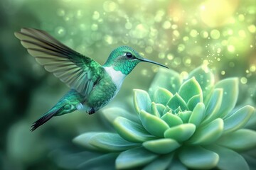 Fototapeta premium A green hummingbird flies toward a succulent plant, with a bokeh background and magical feel.