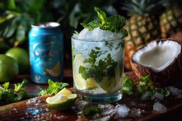 Fototapeta premium Caribbean mojito cocktail with coconut cream and hard seltzer