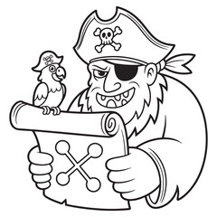 Cartoon Pirate Holding Treasure Map with Parrot – Fun Line Art Illustration for Kids
