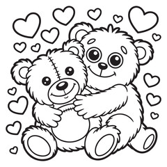 Two Cute Teddy Bears Hugging Surrounded by Hearts – Adorable Line Art for Kids Coloring Pages