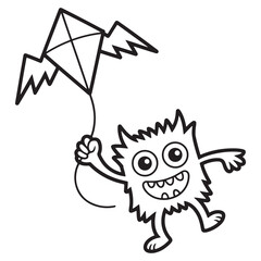  Monster Flying Kite on Windy Day – Outdoor Cartoon Line Art for Kids Coloring Page

