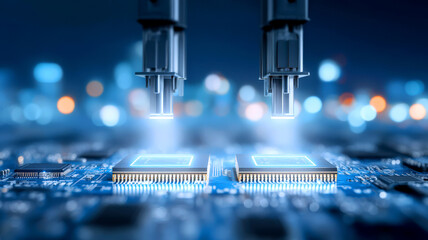 Robotic arms precisely assemble microchips on circuit board, showcasing advanced technology in futuristic setting. glowing components highlight innovation and precision