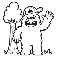  Fluffy Monster Waving Beside a Tree – Outdoor Cartoon Line Art for Kids Coloring Page
