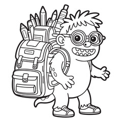  Back-to-School Monster with Pencil and Backpack – Educational Cartoon Line Art for Kids Coloring Page

