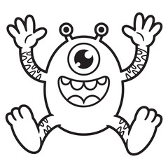 Excited One-Eyed Monster with Raised Arms – Playful Cartoon Line Art for Kids Coloring Page

