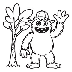  Funny Furry Monster Waving Under a Tree – Cute Cartoon Line Art for Kids Coloring Page

