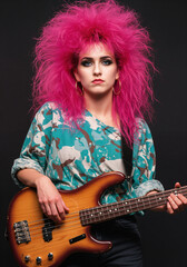 1980s energy, Woman with neon pink hair and punk-rock look, playing bass with a determined expression. Bold and rebellious