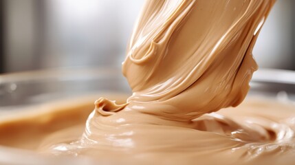 A close-up of a silky smooth, creamy mixture being stirred in a bowl, emphasizing its texture and richness, perfect for culinary enthusiasts and foodies alike.