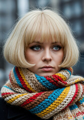 Blonde girl with a bob haircut and bangs, blue eyes with makeup, wrapped in a multicolored scarf, 60s style