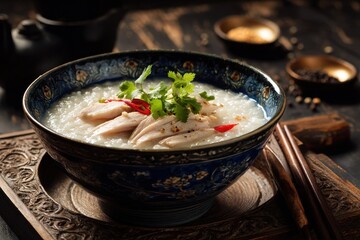 Chicken slices in traditional rice porridge A favored Chinese dish