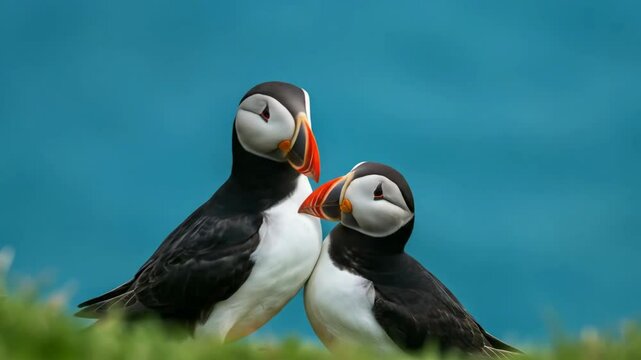 A couple of Atlantic puffins billing on a coastal cliff. Two seabirds with colorful beaks showing affection and bonding. Cute wildlife behavior with a blue ocean background. Puffin Arrival Day
