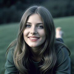 Smiling girl with long brown hair and blue eyes, lying on grass, genuine expression. Modern and natural style