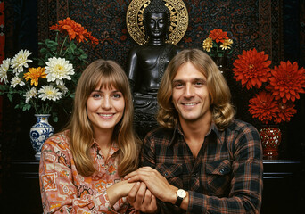 Smiling couple with 70s hippie boho look, him with long hair, her with bangs, in front of a Buddha statue and flowers