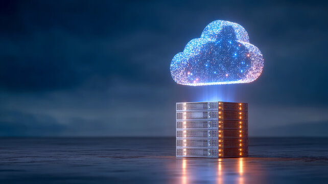 Glowing digital cloud hovers above stack of servers, symbolizing cloud computing and data storage technology. scene is set against dark, atmospheric background, highlighting innovation