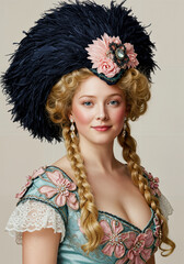 Woman in elaborate Baroque,Rococo dress with feathered hat and braids, blue eyes, 18th-century historical style