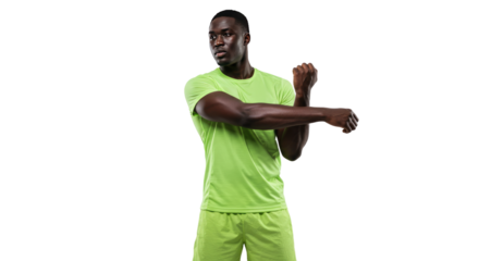 Athletic Black Man Stretching Arm in Green Sportswear.