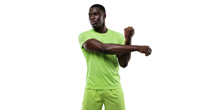 Athletic Black Man Stretching Arm in Green Sportswear.