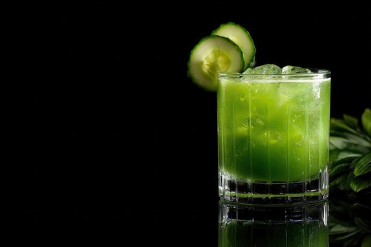 Cucumber green drink on dark backdrop side angle