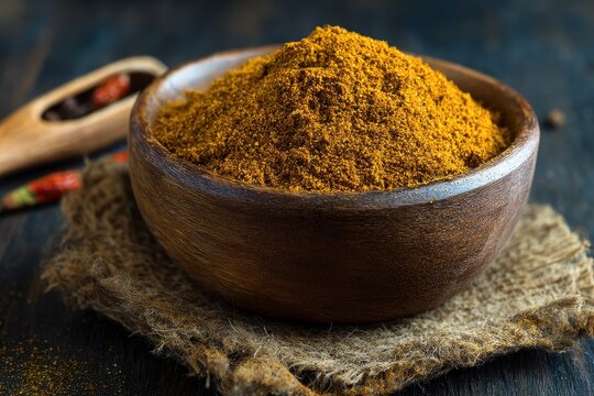 Curry spice blend in a wooden bowl